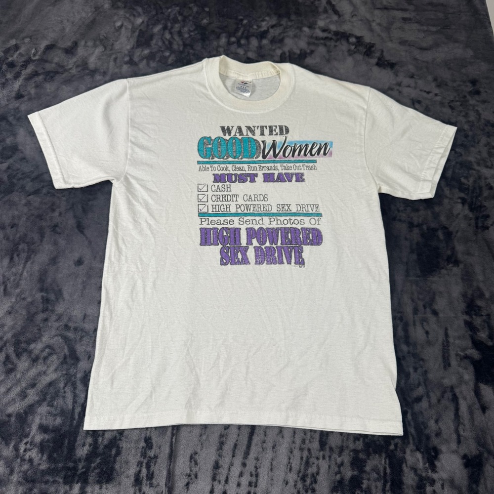 Jerzees T Shirt Mens Medium White Wanted Good Women Graphic Tee Short Sleeve